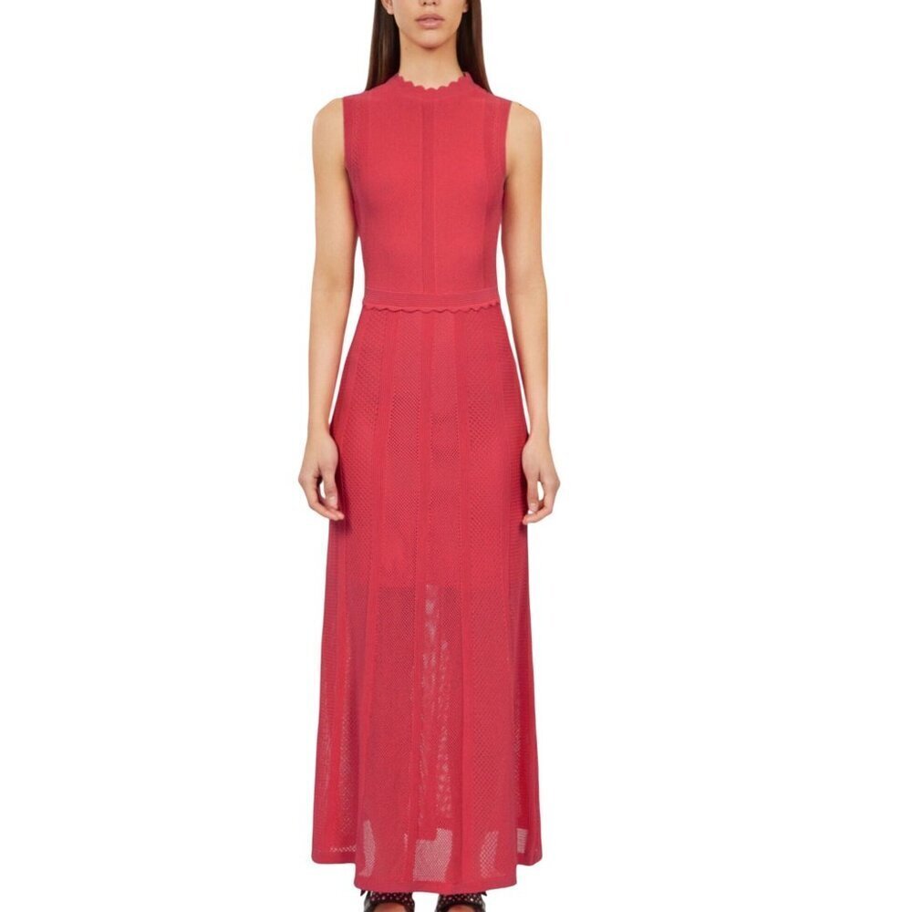 The Kooples Open Mesh Knit Red Orange‎ Maxi Dress Scalloped Keyhole Back S